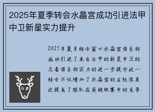 2025年夏季转会水晶宫成功引进法甲中卫新星实力提升 2025年夏季转会水晶宫成功引进法甲中卫新星实力提升