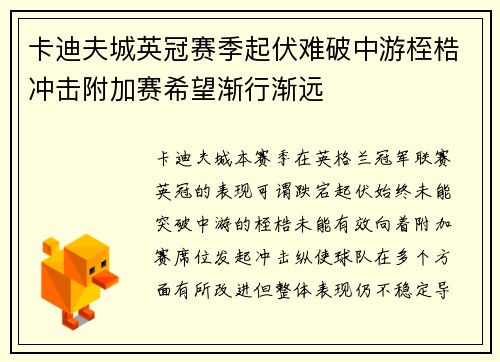 卡迪夫城英冠赛季起伏难破中游桎梏冲击附加赛希望渐行渐远